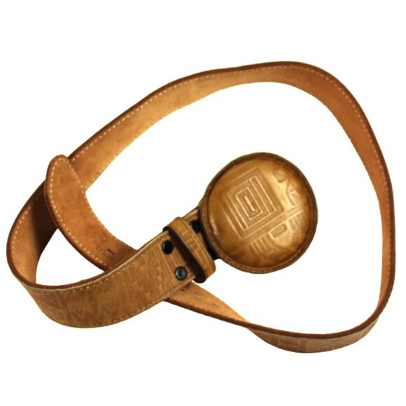 Catherine Dial Easley Aztec Geometric British Tan Leather Belt, Size Med… - Picture 3 of 7
